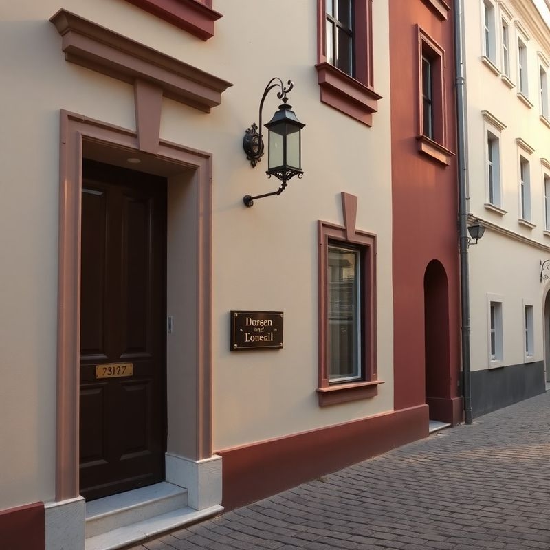 Exteriér mestského domu na dlažbovej ulici v Trnave s krémovo-bordovou fasádou a mosadznou tabuľkou